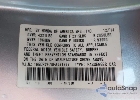 2015 Honda Accord Ex from USA, damaged, VIN 1HGCR2F70FA081962